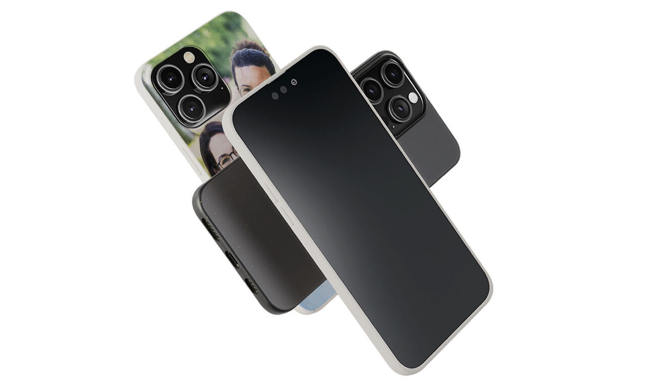 Various smartphones, one with a photo design.