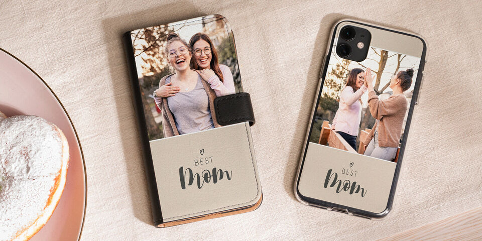 Two personalized phone cases, one with a picture and the caption "BEST MOM."