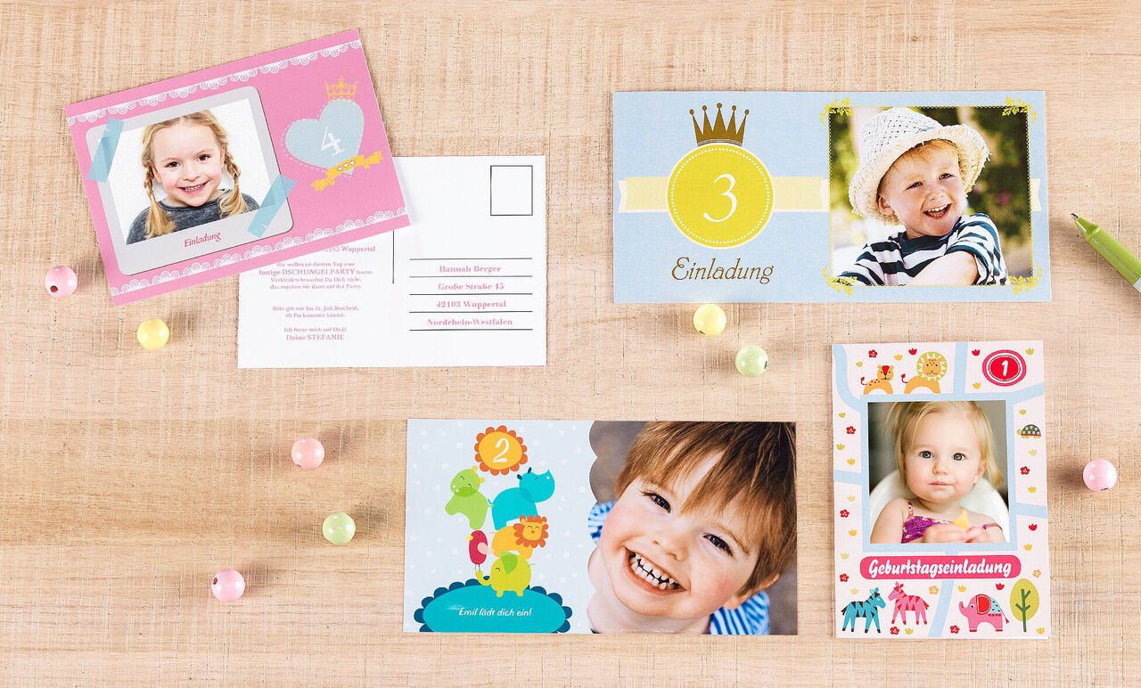 Colorful invitation cards for a celebration with cheerful designs.