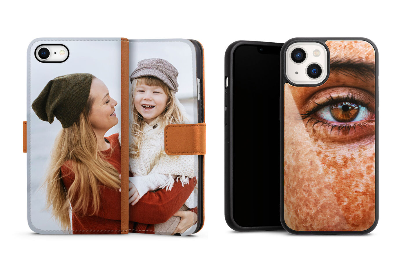 Two phone cases with personal photos; one on the left with girls in hats, the other on the right with an eye.
