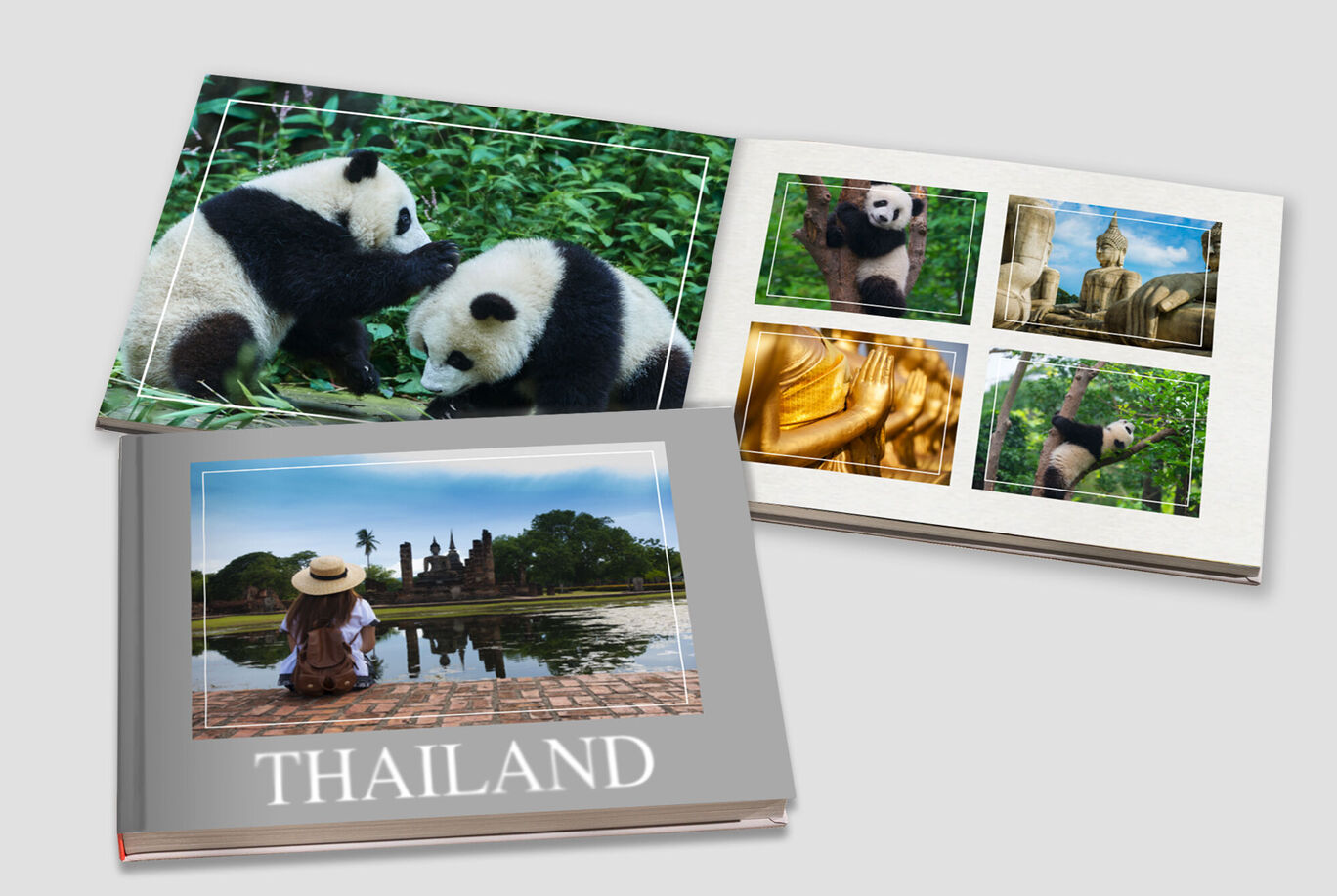 Three CEWE photo books featuring images of Thailand and pandas.