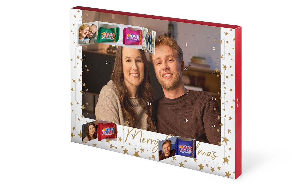 Advent calendar filled with colorful chocolates for Christmas.