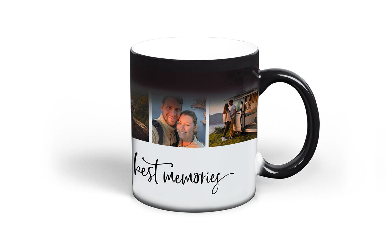 Black mug with photos and the inscription 'best memories'