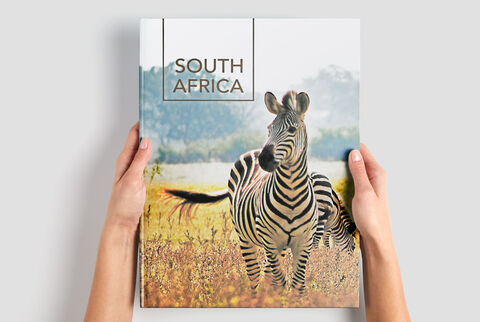 A person holds a CEWE photo book featuring a zebra on the cover. The zebra is in a savanna landscape.