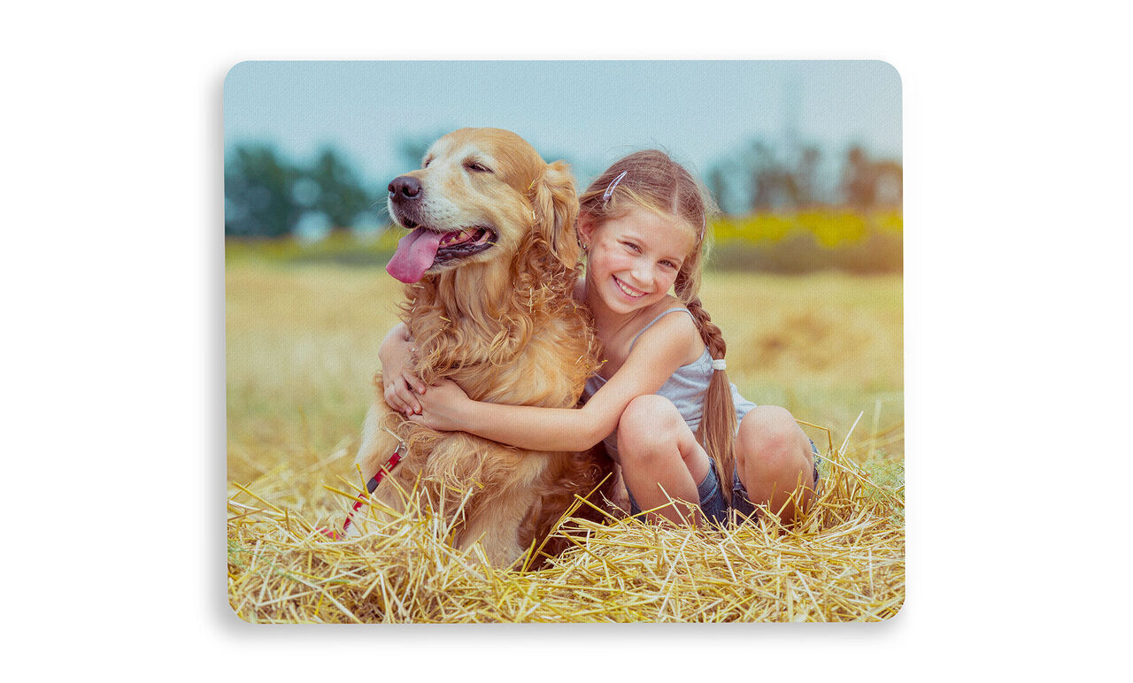 A child hugs a golden retriever on a lovely meadow.