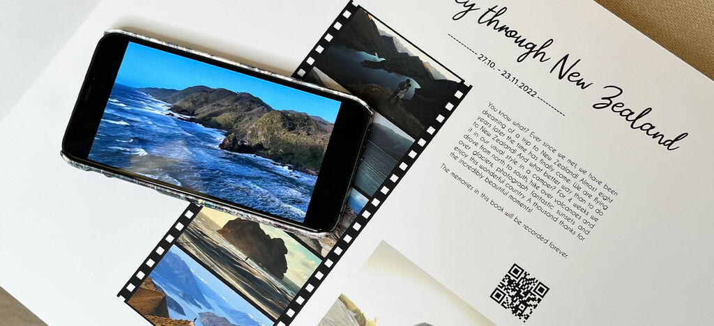 A smartphone shows images from New Zealand on an open photo page surrounded by stripe photos