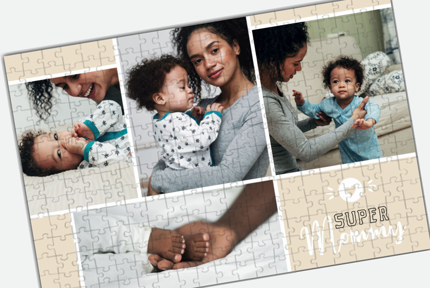 Collage of four images: A mother holds her child, plays with them and shows love. The hands of the child and mother are visible.