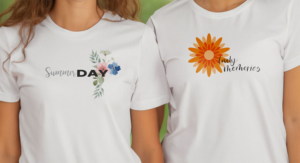 Two women in white T-shirts with colorful prints, one says "Summer DAY," the other "lady memories."