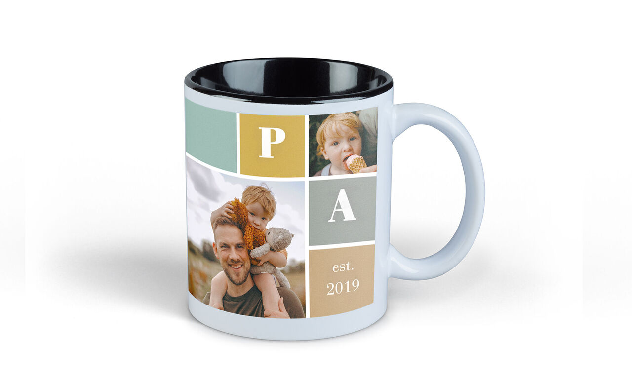 Cup with personalized photos, colorful frames, and year.