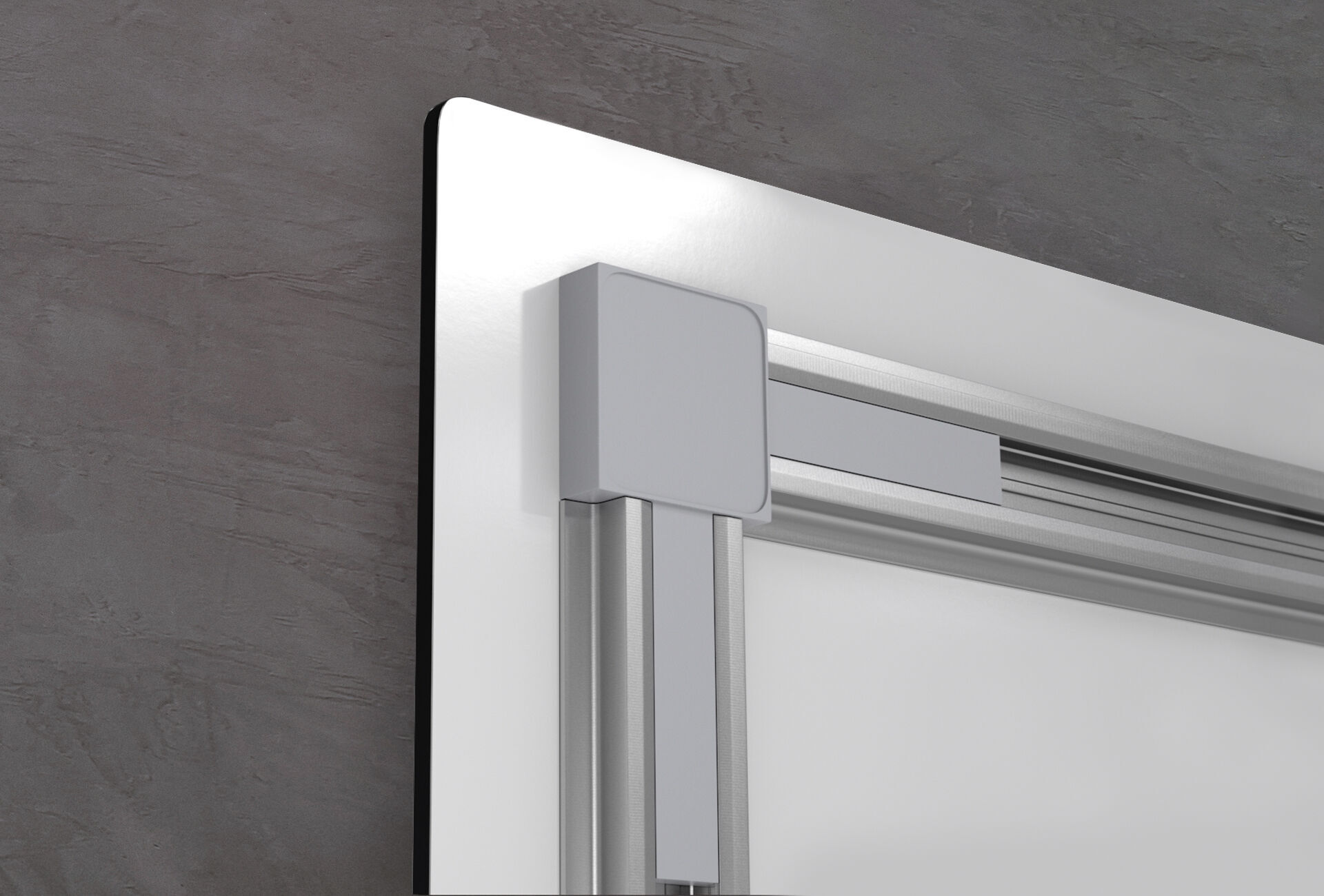 Close-up view of a modern shower door with minimalist handles