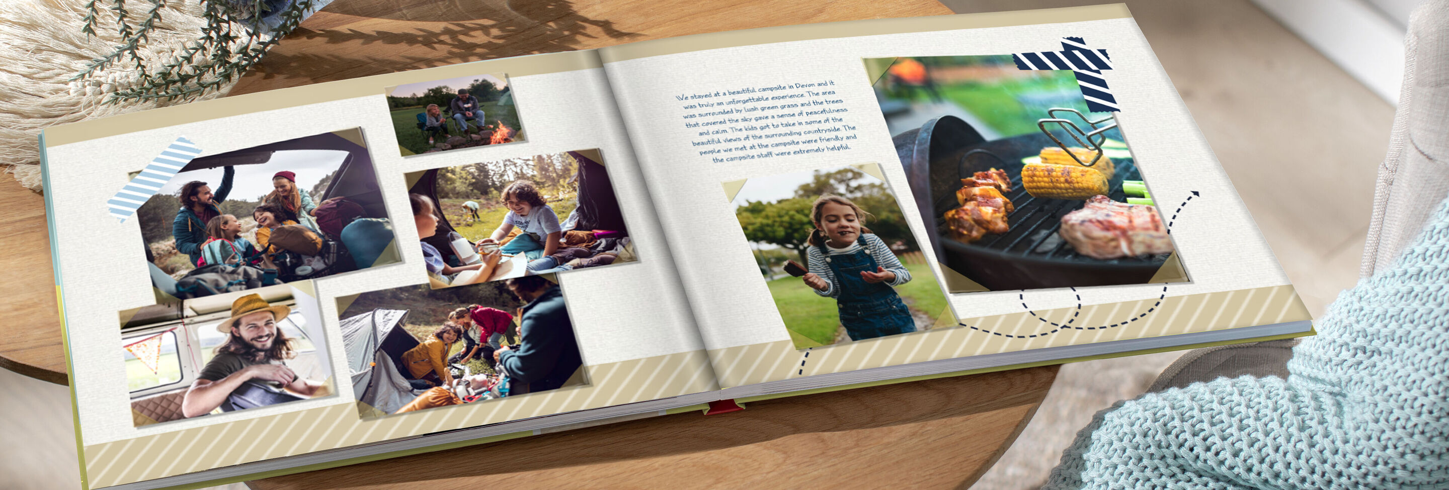 Open photo book with images of joyful family moments outdoors, delicious food, and laughing children