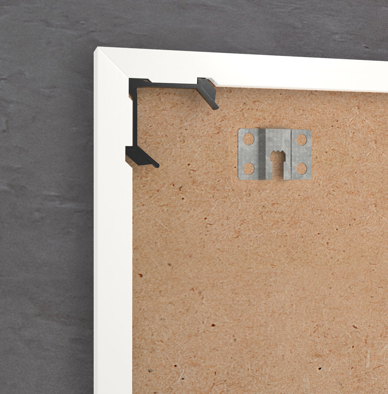 Back view of a white frame hanging on the wall