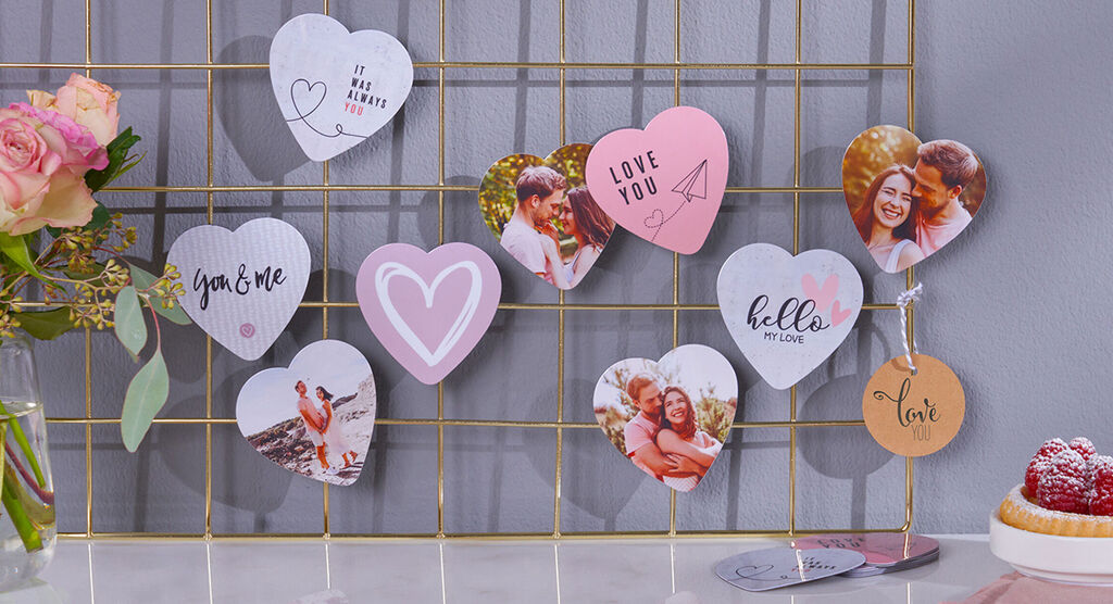 Colorful hearts with photos and loving messages on a grid. Perfect for sharing memories.