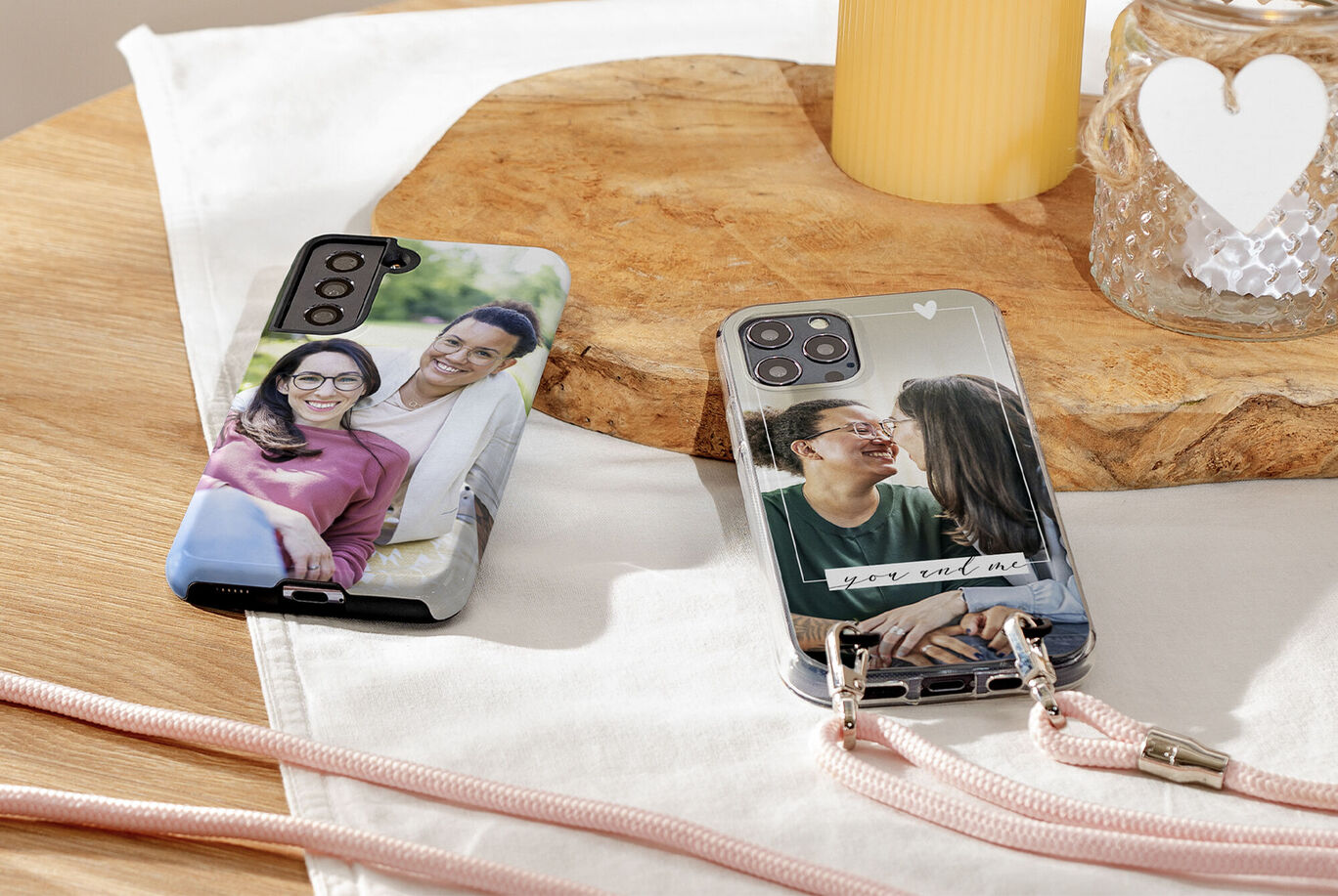 Two personalized phone cases featuring photos of favorite moments