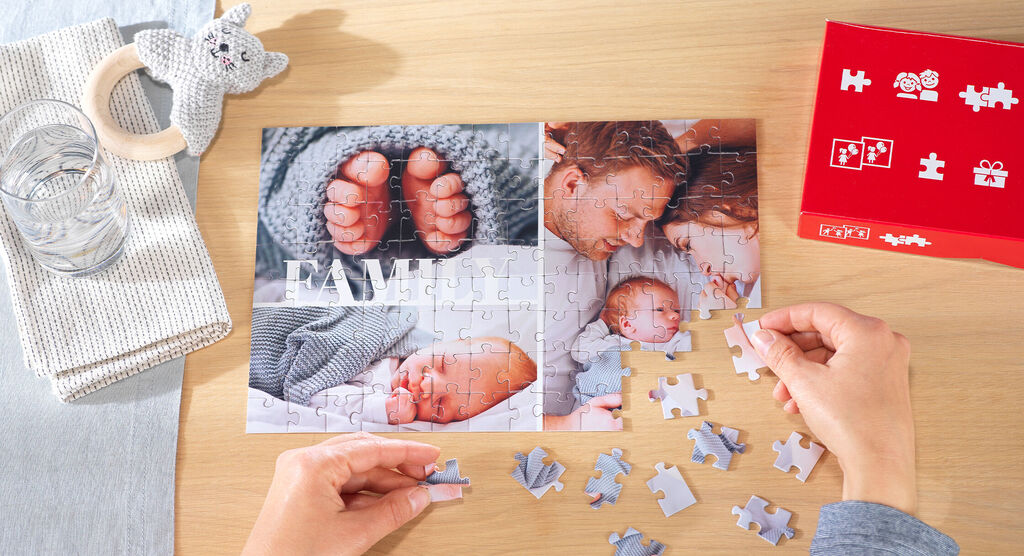 Images of baby feet and family-themed puzzle, lovingly arranged