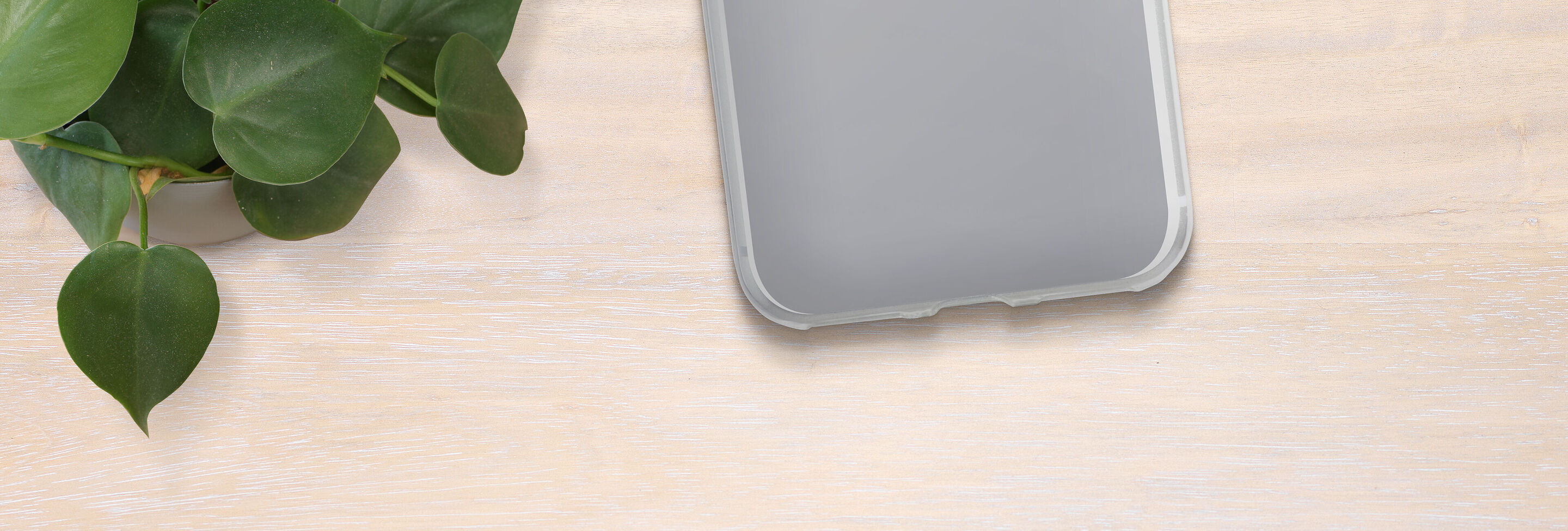 A clear, gray case for a smartphone lies on a light wooden table. A green plant enhances the image.