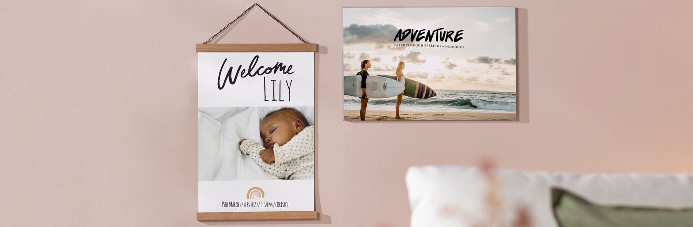 Two personalized wall pictures in a cozy room. Left a picture with the text "Welcome LILY" and a sleeping baby. Right a picture with the caption "ADVENTURE" and two surfers on the beach.