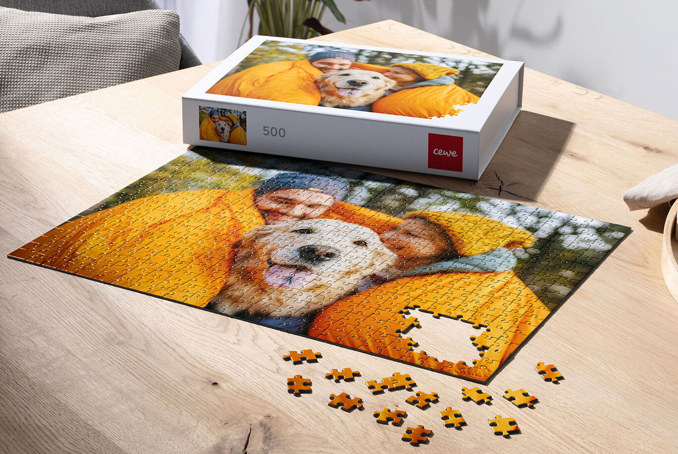 Puzzle featuring a cheerful dog and two people in yellow jackets.