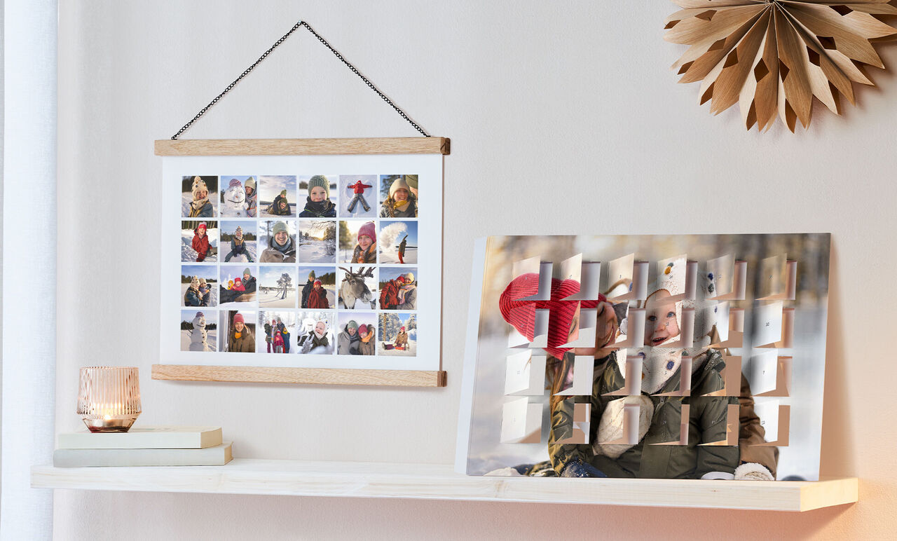 Wall pictures with photo collage and individual photos decorate a bright room