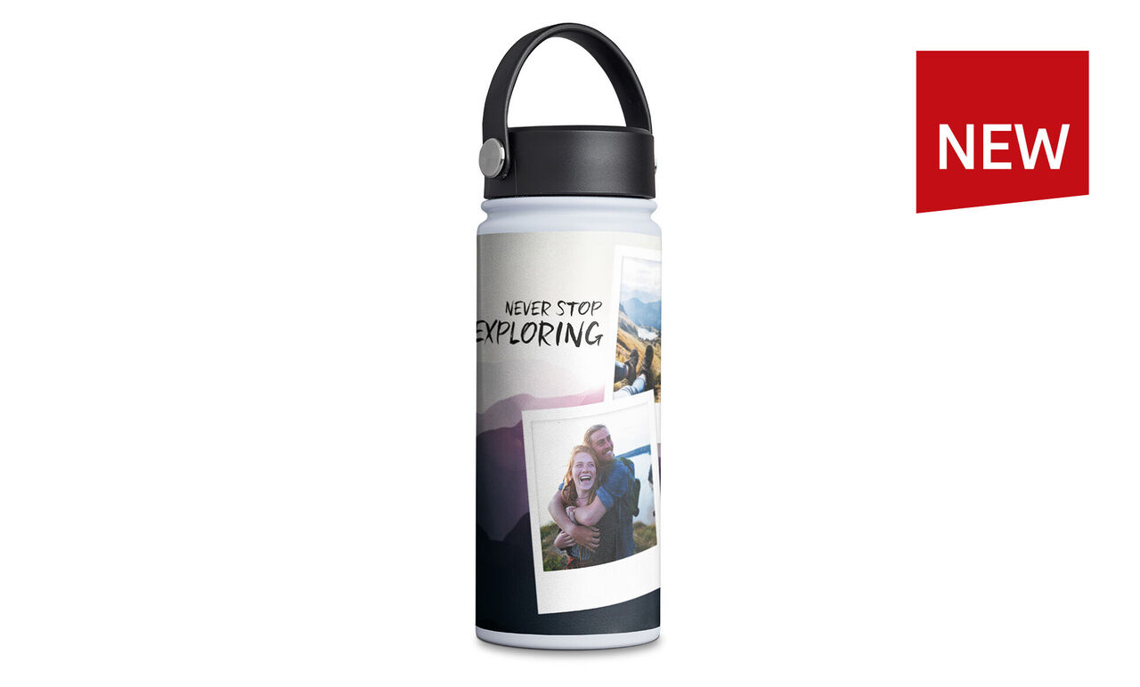Water bottle with inspiring design and photos, including a picture of friends on an outing.