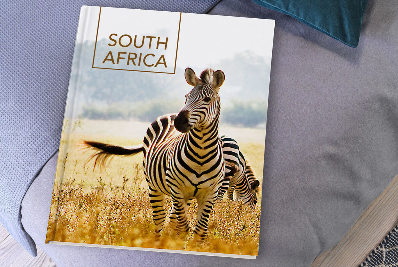 A photo book with a zebra on the cover sits on a cozy sofa