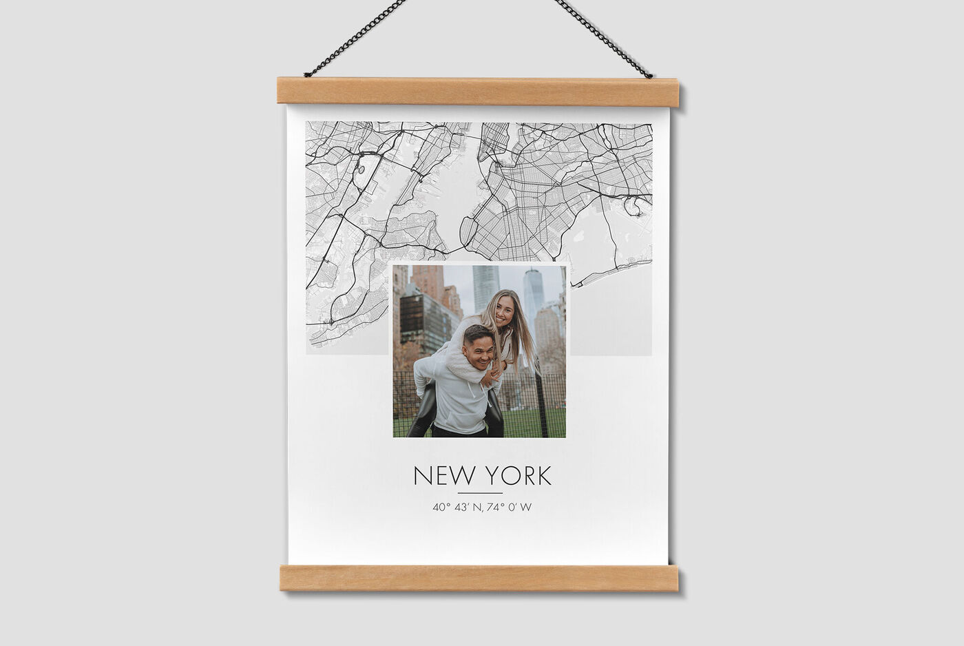 A customized wall art featuring a map of New York and a photo of a child sitting on an adult's back. The design shows "NEW YORK" and the coordinates.