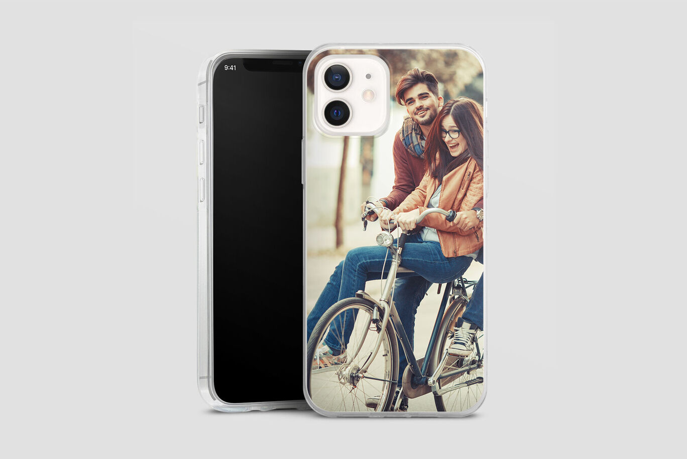 A creative smartphone cover with a snapshot of a couple on a bicycle.