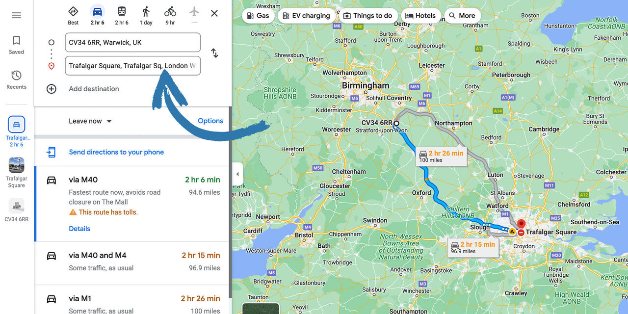 Map with directions from Warwick to London, Trafalgar Square.