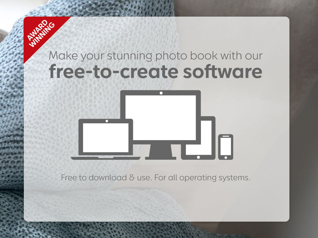 Graphics for advertising free photo book software on various devices.