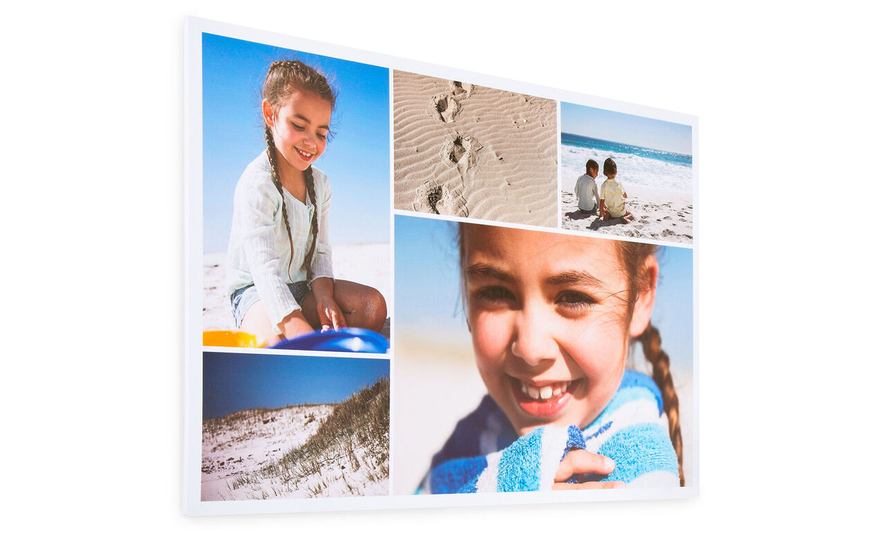 Collage of several photos at the beach with children and footprints in the sand.