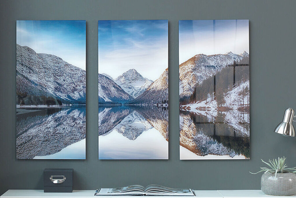 Three images of a calm mountain lake with snowy mountains in the background, reflecting a harmonious atmosphere