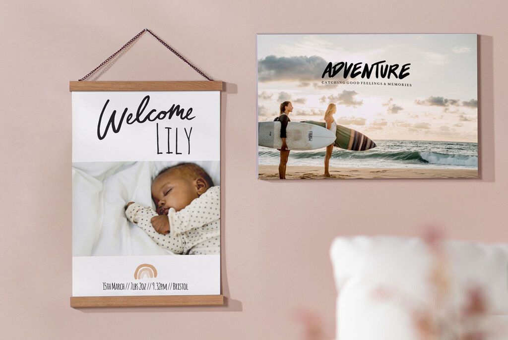 A welcome sign with the name "Lily" next to a poster of surfers on the beach.