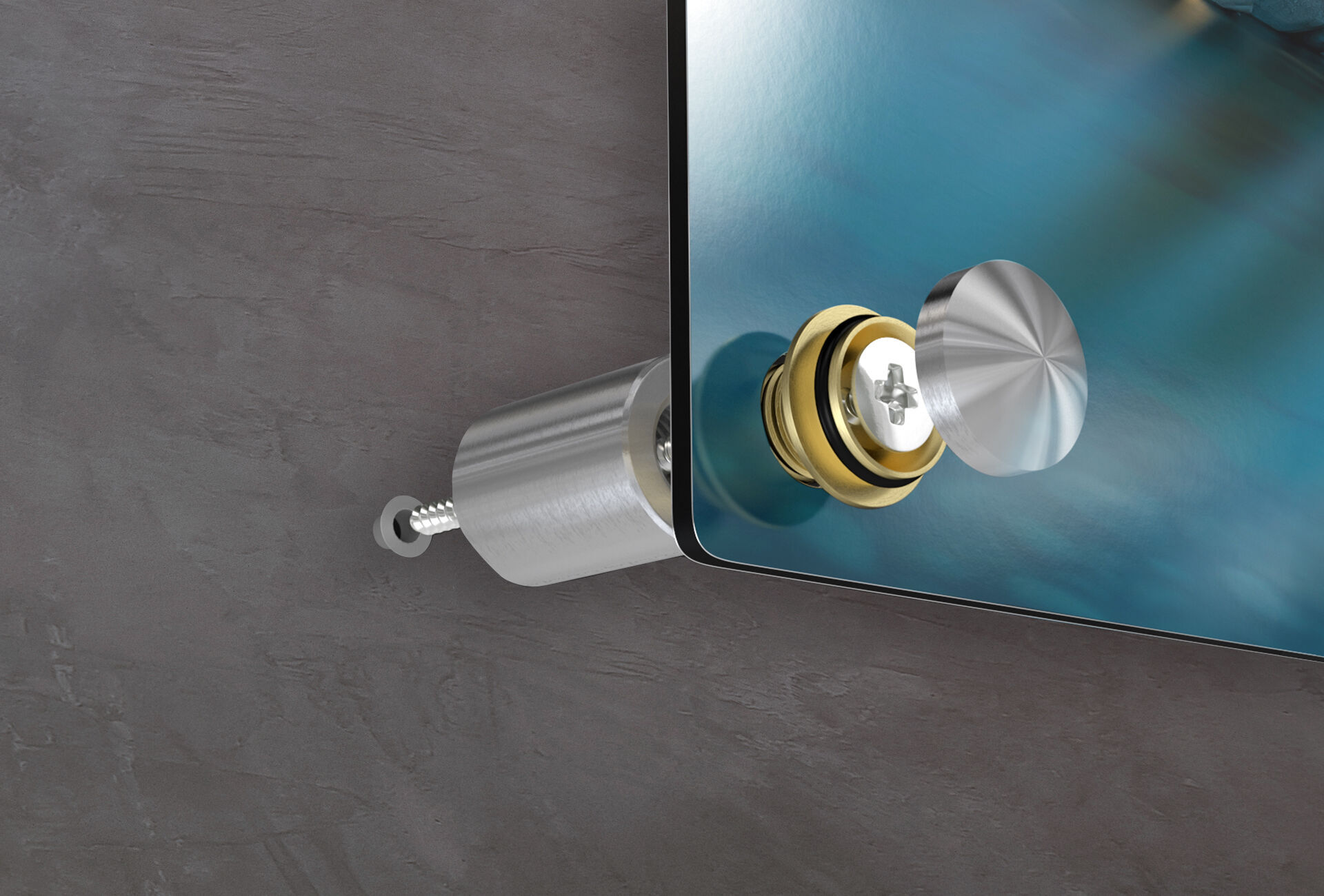 Close-up of a strong wall mount for a glass picture, used in a modern room
