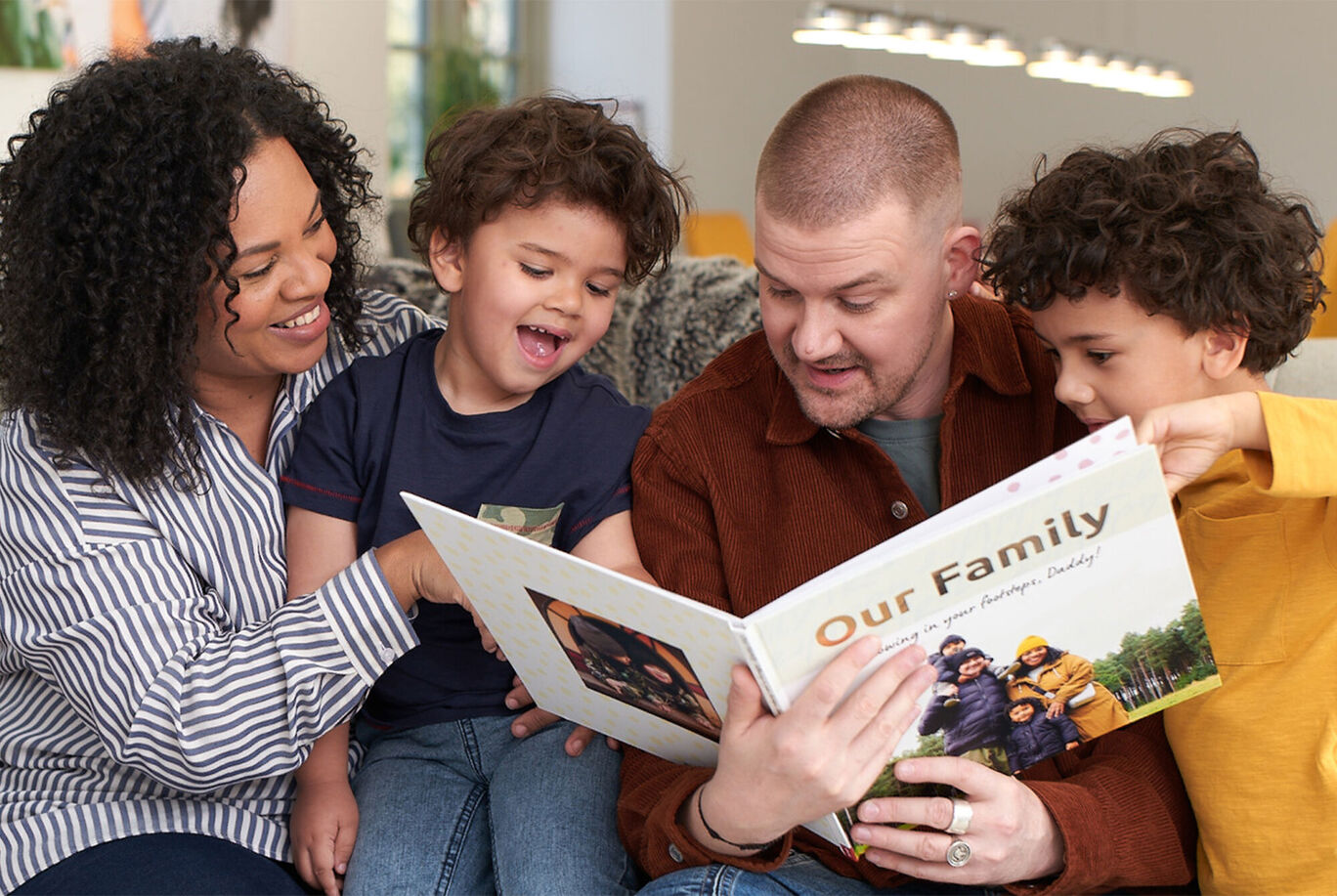 Family flipping through a photo book about shared experiences.