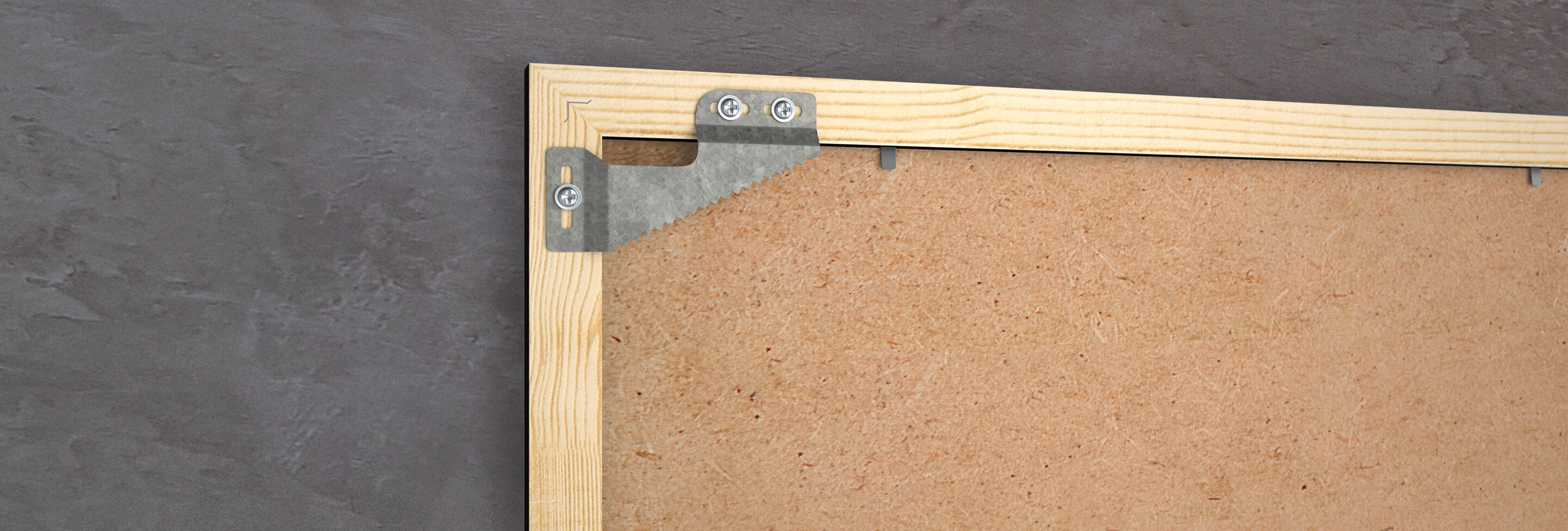 A wooden frame with metal holders on the back for hanging.