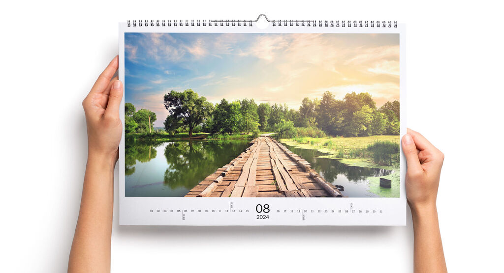 A calendar page for August 2024 featuring a beautiful landscape: A wooden pier over a calm river, surrounded by lush greenery.