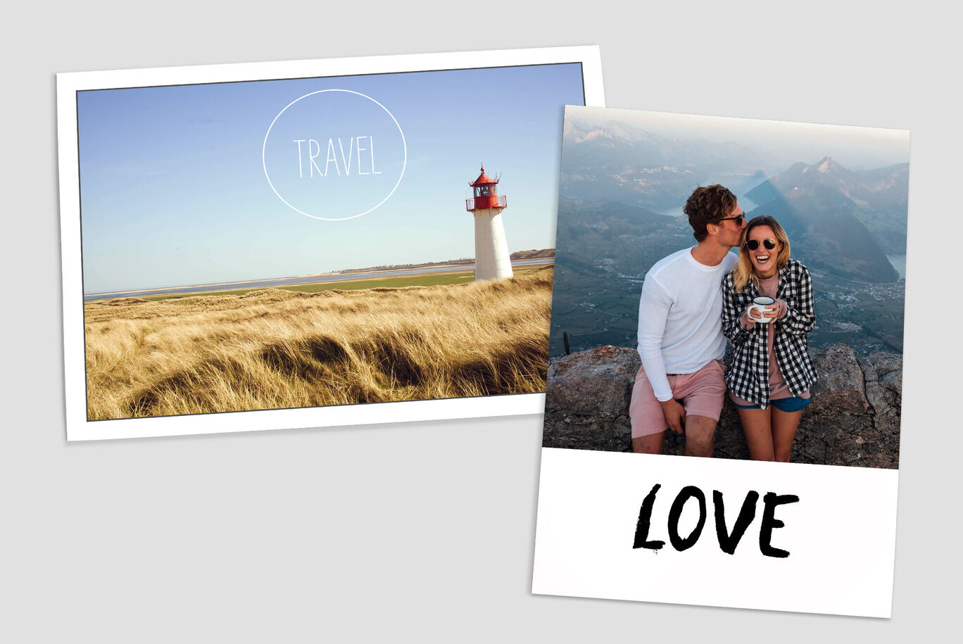 Lighthouse in the landscape and a couple kissing. Vacation moments and love are depicted.