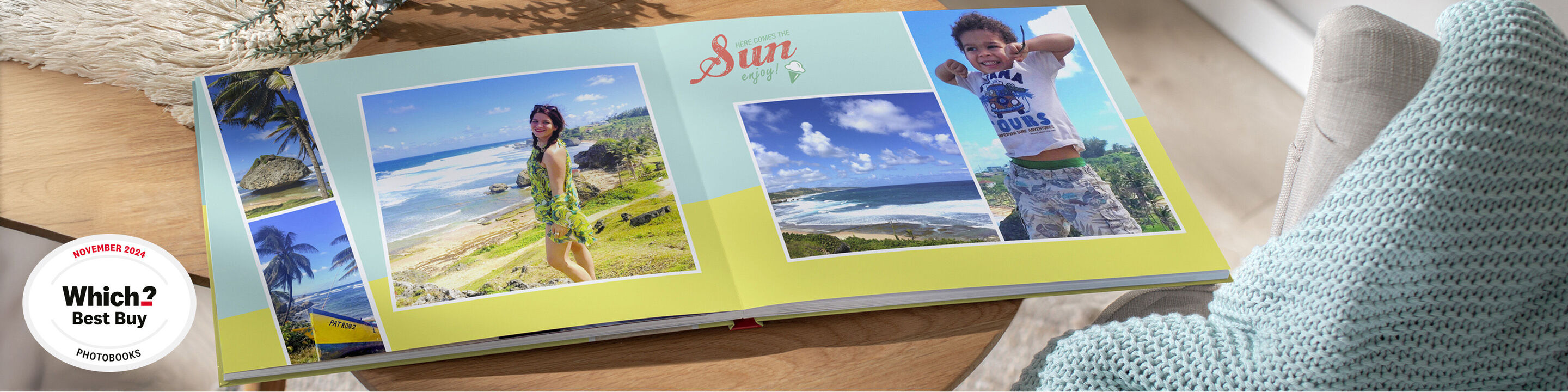 A joyful photo book with vacation snapshots showcasing stories and memories.