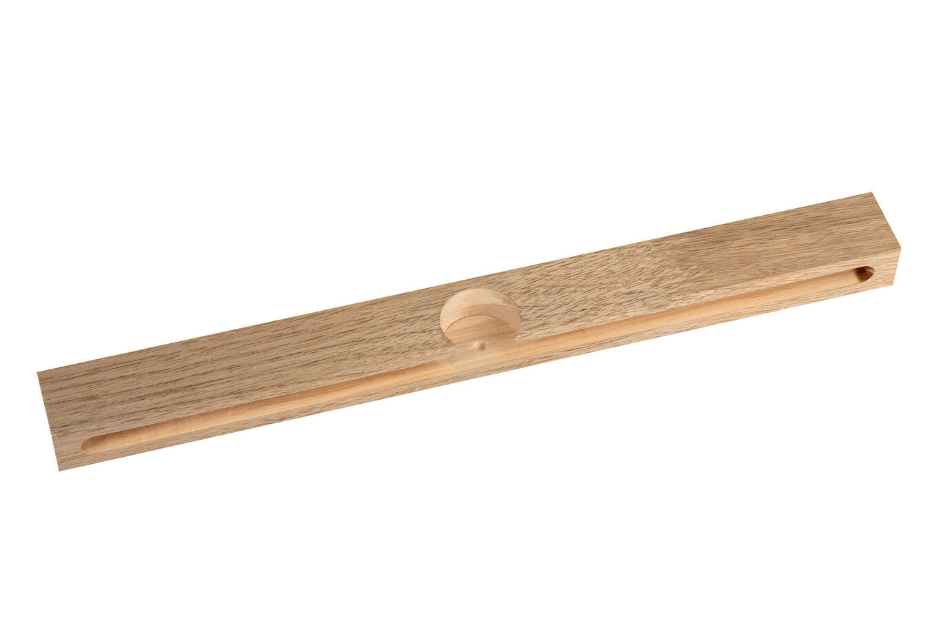Wooden ruler with a round indentation for precise measurements.