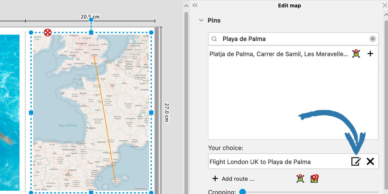 Map showing directions to Playa de Palma with a route and pins.