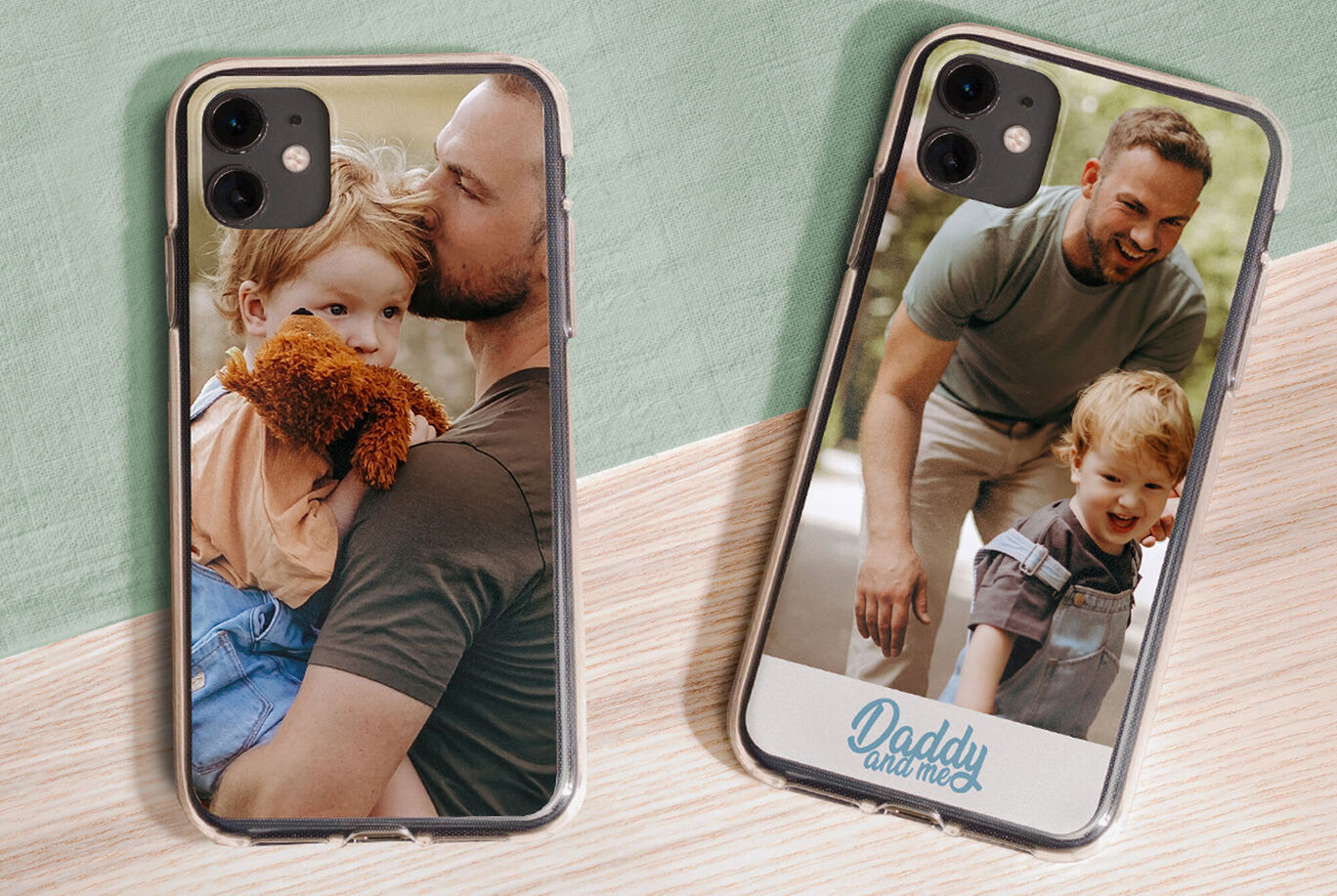 Phone cases with photos of father and child, one close-up and the other with creative design.