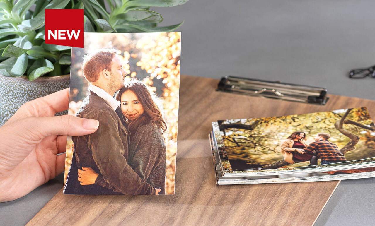 Person holding a CEWE photo book with a couple on the cover, with a plant in the background.