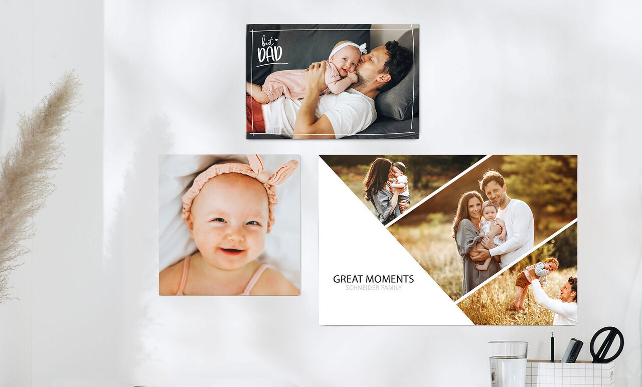 Family photos on a wall, with 'Great Moments' underneath.