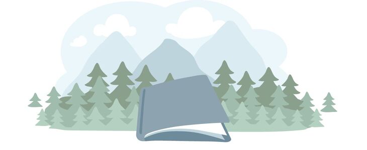 Stylized image of a closed photo book before gentle hills and trees. 