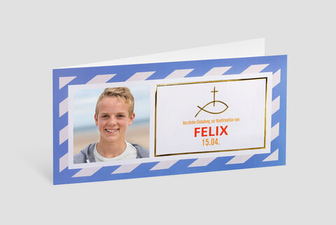 A striking invitation card with the name Felix, his photo, and the date 15.04. in cheerful colors