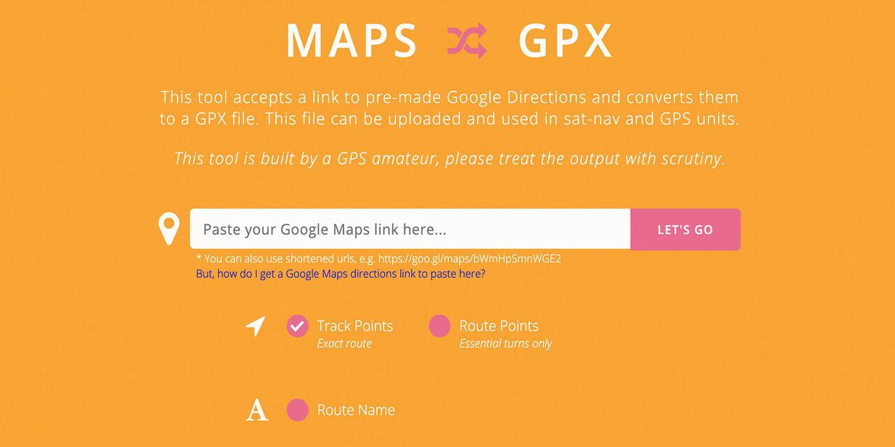 An online tool to convert Google Maps routes into GPX files.