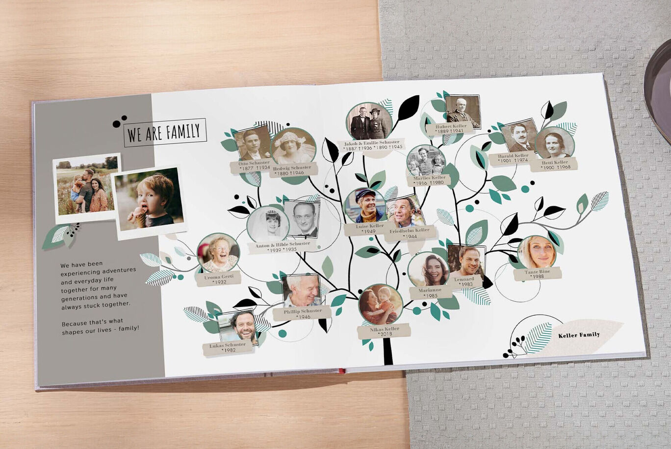 Family tree in a photo book featuring photos and names of relatives, designed in a creative style.