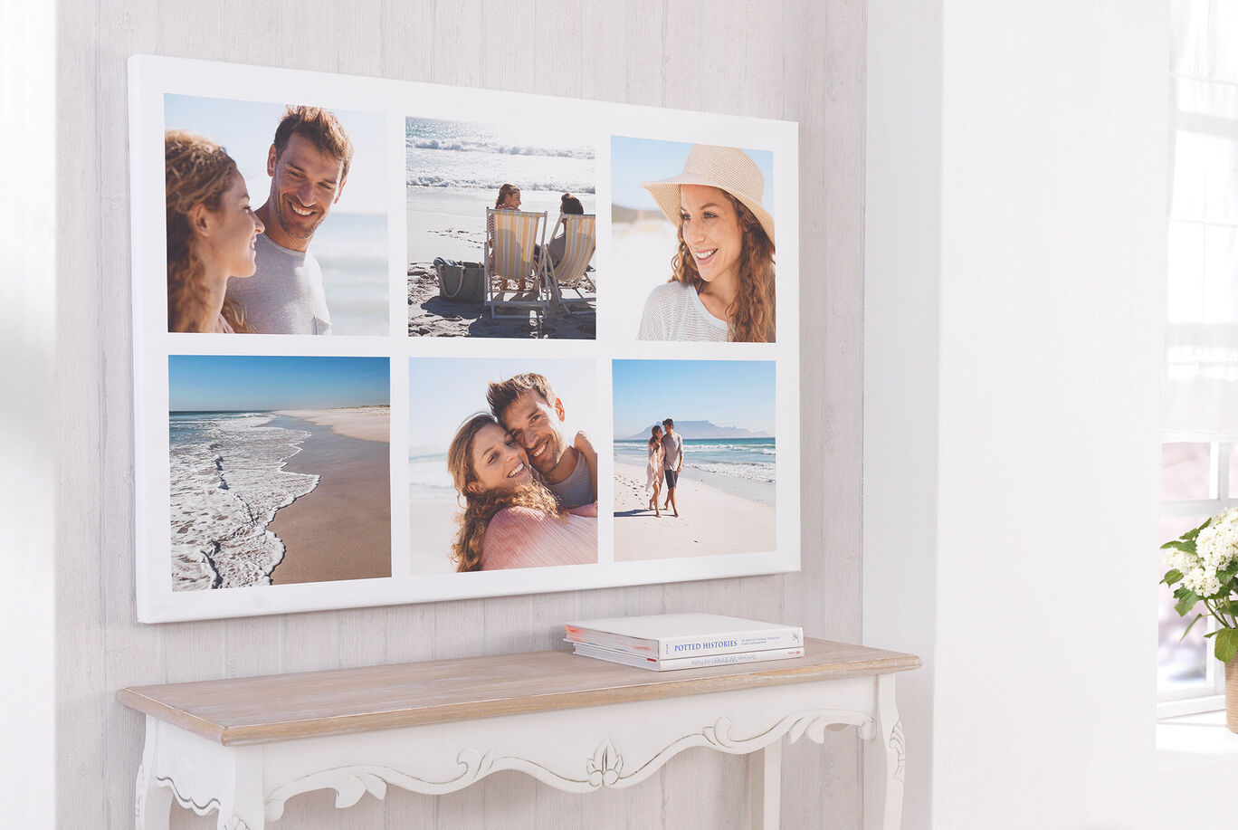 Wall picture with several photo collages of people at the beach and in nature