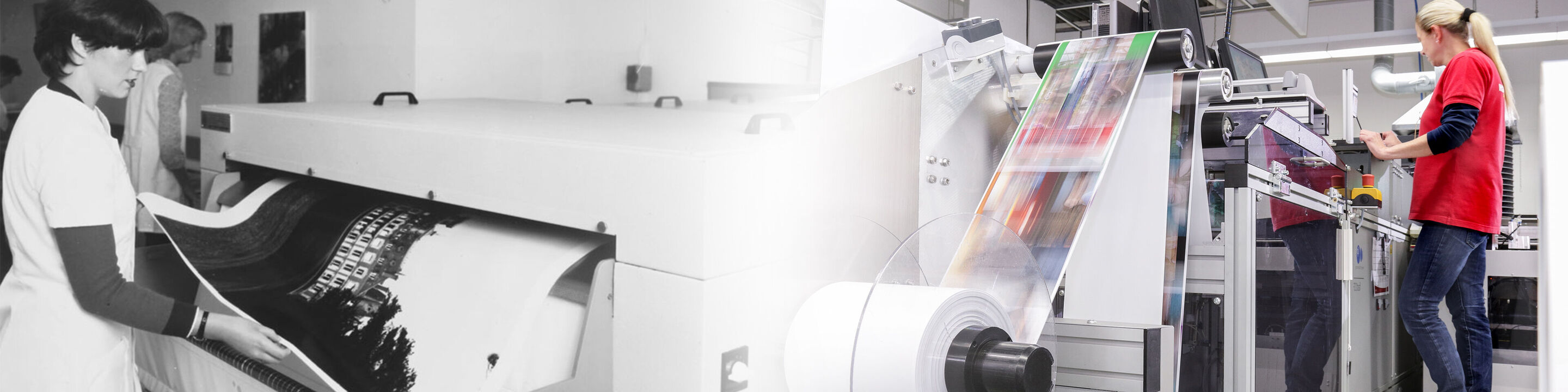Two women stand at printing machines. One works at an older machine, the other at a modern one.