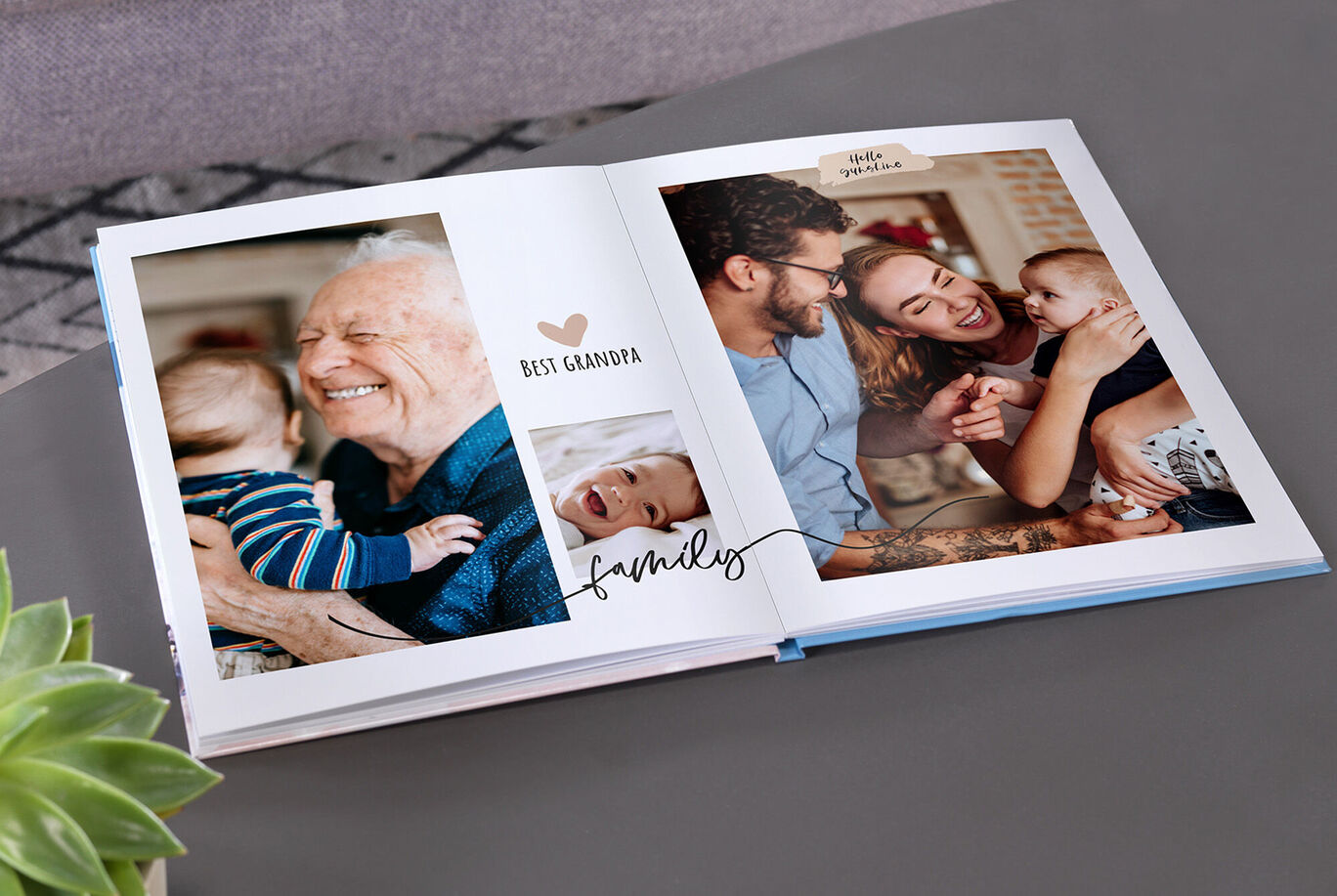 A CEWE photo book with beautiful family pictures showing joy and warmth.